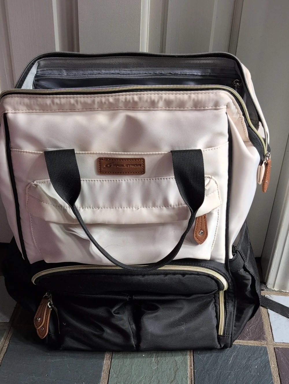 Nylon Two-Tone Travel Backpack Tote - White & Black